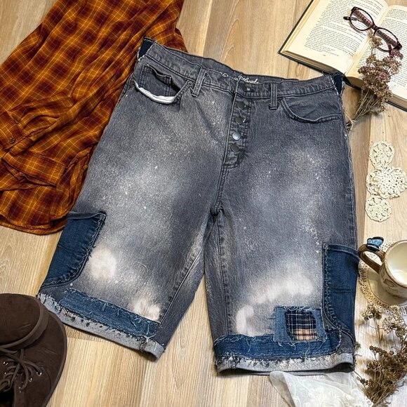 Upcycled Denim Patchwork Shorts High Waisted Wide Leg Size 12 - Picture 1 of 12
